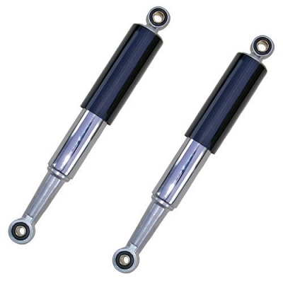 Black & Chrome 335mm Pin + Pin Twin Covered Shock Absorbers for up to 100cc