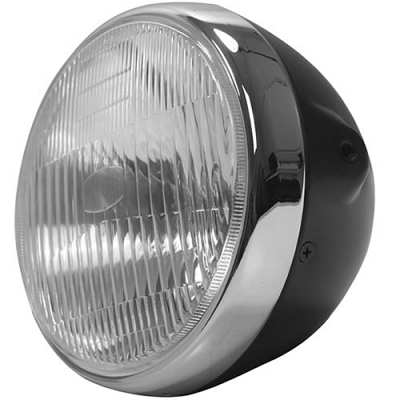 Headlight Round 7" Glass Chrome Rim & Satin Black Bowl Back
