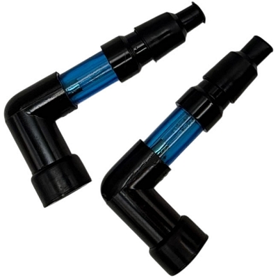 Pair of 90° Neon Blue Spark Plug Caps for Solid Terminal Plugs